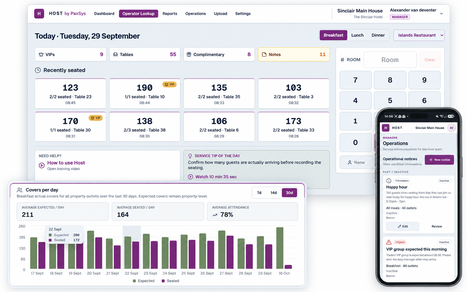 Host seating and room lookup, attendance reporting, and mobile staff communications